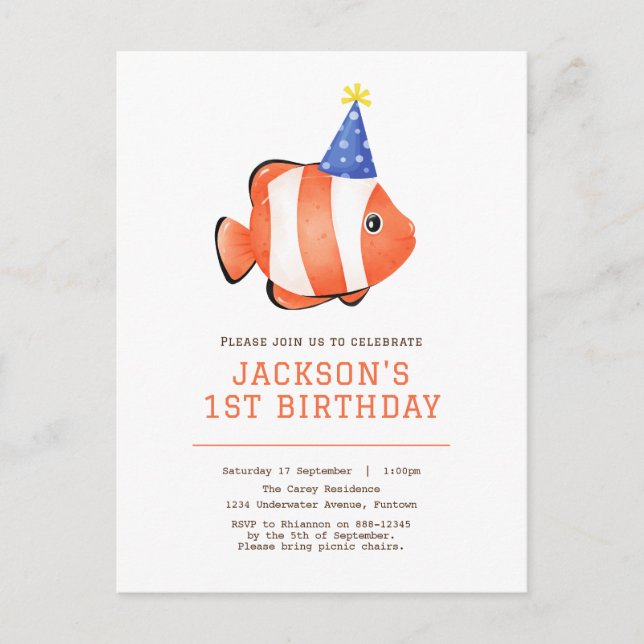 Under the sea clownfish birthday invitation postcard (Front)