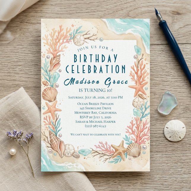 Under the Sea Coastal Beach Shells Birthday Invitation (Creator Uploaded)
