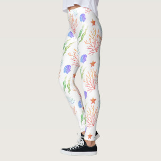 Under The Sea Colorful Coral Starfish Seashell Leggings
