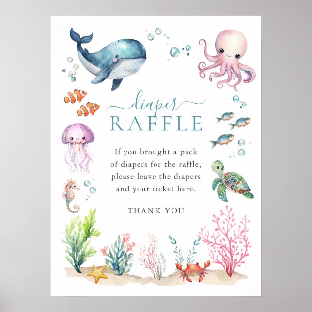 Under The Sea Colourful Baby Shower Diaper Raffle Poster (Front)