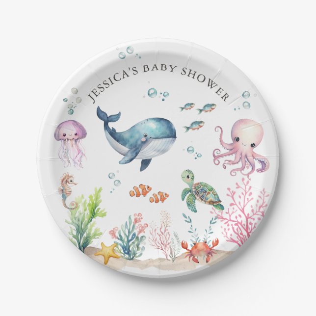 Under The Sea Colourful Ocean Animals Baby Shower Paper Plate (Front)