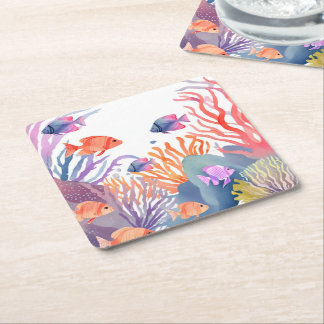 Under the Sea Coral Reef Watercolor  Square Paper Coaster