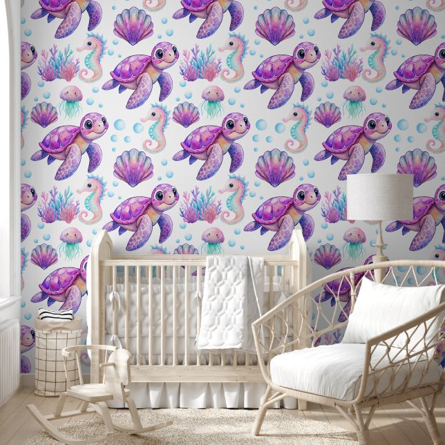 Under the sea creatures cute pink nursery decor wallpaper (Kids)
