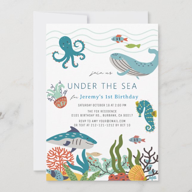 Under the Sea Creatures Marine Life 1st Birthday Invitation (Front)
