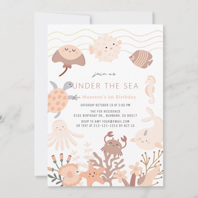 Under the Sea Creatures Pink Girl Birthday Invitation (Front)