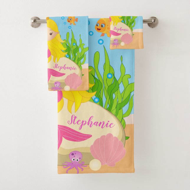 Under the Sea Cute Blonde Mermaid Custom Name Bath Towel Set (Insitu)