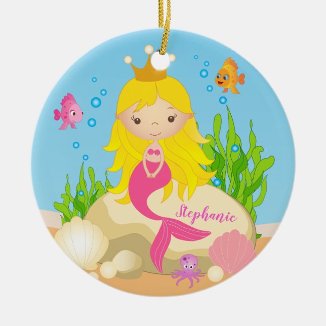 Under the Sea Cute Blonde Mermaid Custom Name Ceramic Tree Decoration (Front)