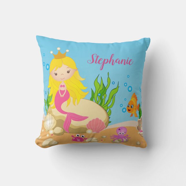 Under the Sea Cute Blonde Mermaid Custom Name Cushion (Front)