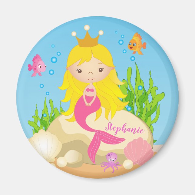 Under the Sea Cute Blonde Mermaid Custom Name Magnet (Front)