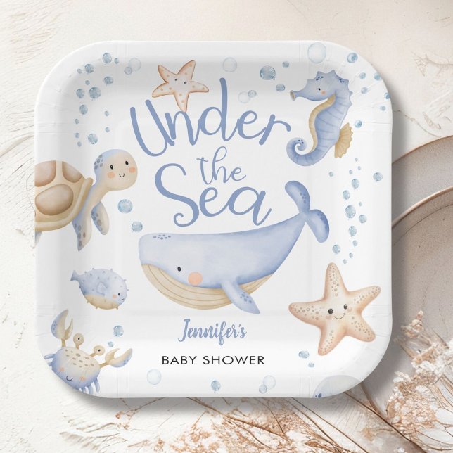 Under The Sea! Cute Blue Boy Baby Shower Paper Plate (Creator Uploaded)