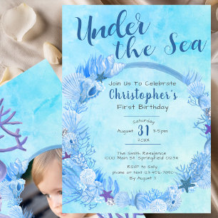 Under the Sea Cute Blue Boy's 1st Birthday Party Invitation