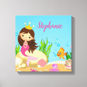 Under the Sea Cute Brunette Mermaid Custom Name Canvas Print