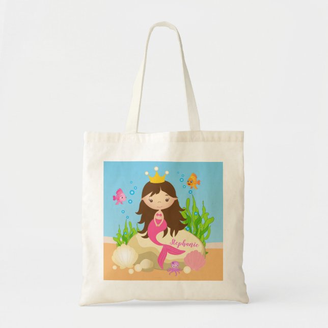 Under the Sea Cute Brunette Mermaid Custom Name Tote Bag (Front)
