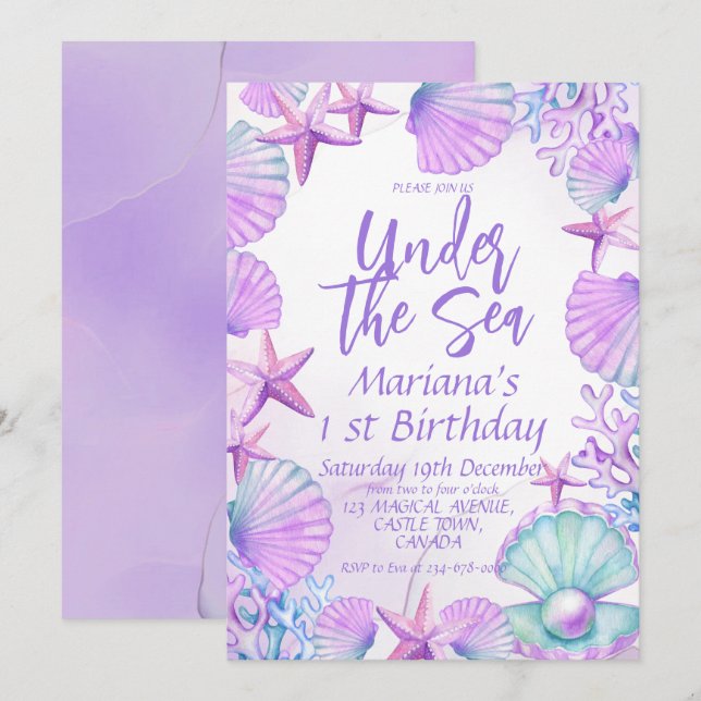 Under the Sea Cute Girl 1st Birthday Party Invitation (Front/Back)