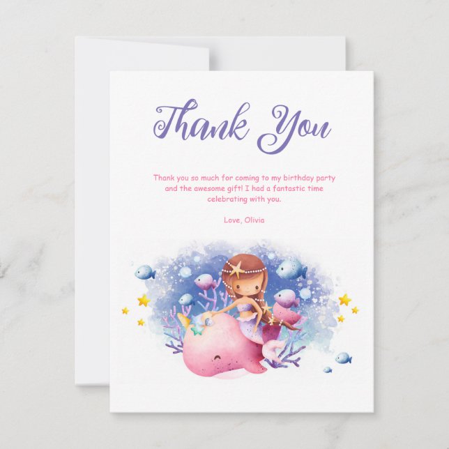 Under the Sea, Cute Mermaid Birthday Thank You Card (Front)
