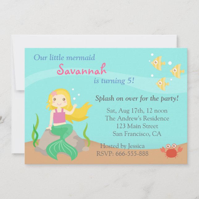 Under the Sea, Cute Mermaid Girl Birthday Party Invitation (Front)