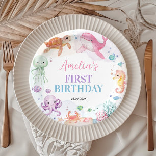 Under The Sea Cute Ocean Animals Birthday Paper Plate