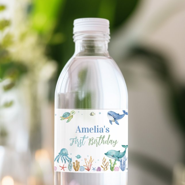 Under the Sea Cute Ocean Animals Birthday Water Bottle Label (Creator Uploaded)
