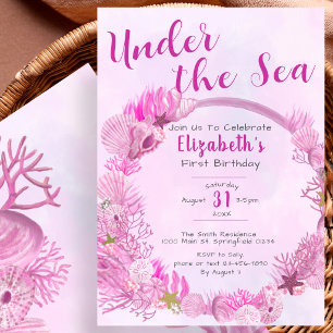 Under the Sea Cute Pink Girl 1st Birthday Party Invitation