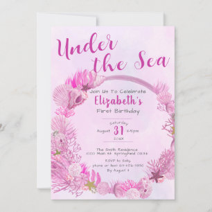 Under the Sea Cute Pink Girl 1st Birthday Party Invitation