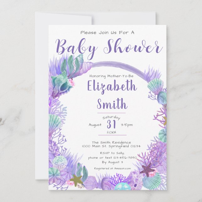 Under the Sea Cute Purple and Green Baby Shower Invitation (Front)