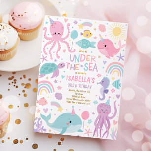 Under The Sea Cute Sea Creatures Birthday Party Invitation