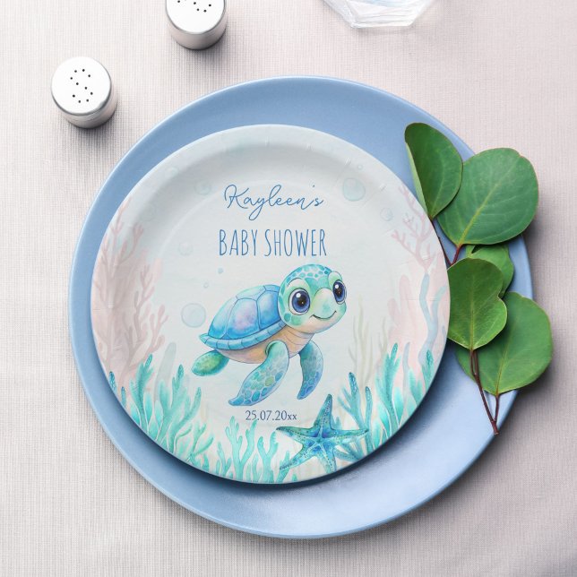 Under the sea cute turtle aqua blue baby shower paper plate (Under the sea cute baby sea turtle aqua blue boy baby shower printed paper plates personalized decor)
