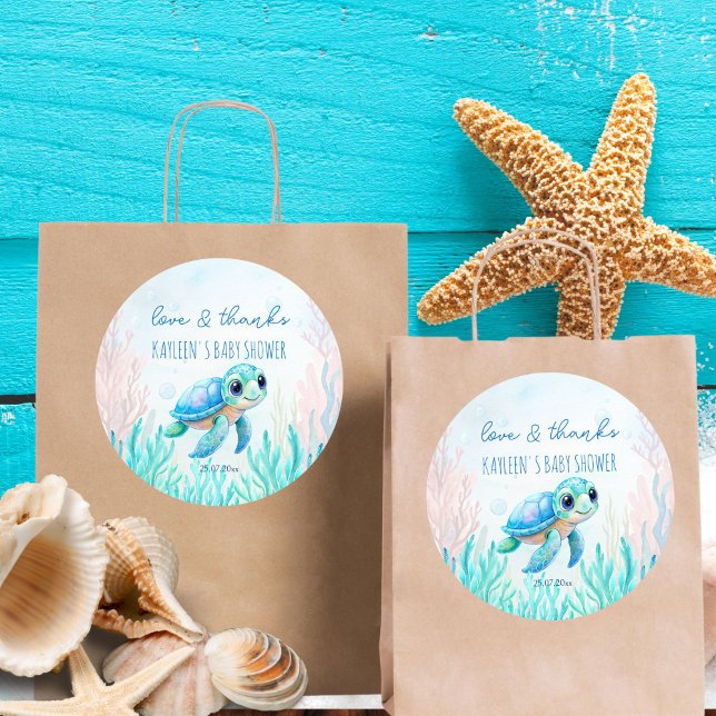 Under the sea cute turtle aqua blue favour classic round sticker (Under the sea cute sea turtle aqua blue baby shower thank you favor sticker template)