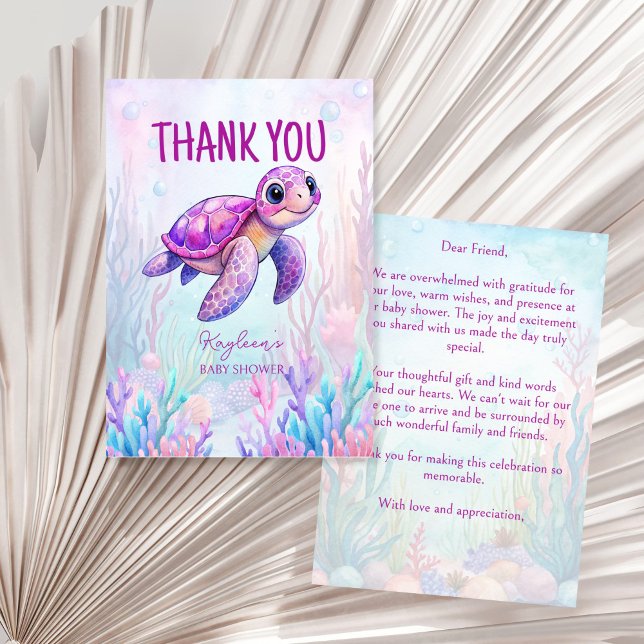 Under the sea cute turtle pink purple baby shower thank you card (Under the sea cute turtle pink purple baby shower thank you cards marine ocean baby shower )