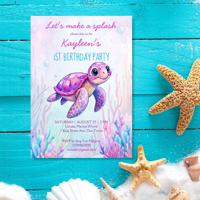Under the sea cute turtle pink purple birthday invitation (Under the sea cute turtle pink purple girls first birthday party invitation template download)