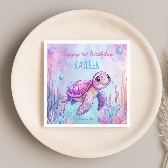 Under the sea cute turtle pink purple birthday napkin (Under the sea cute turtle pink purple girls birthday party personalized napkins table decor)