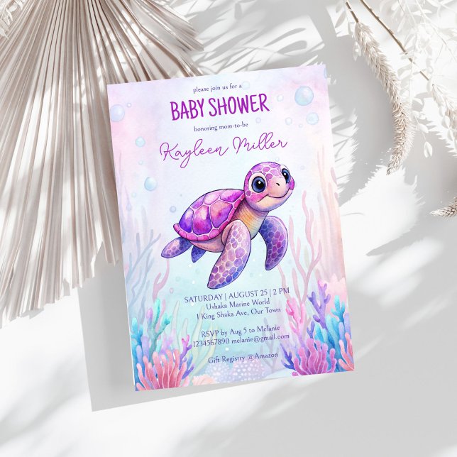 Under the sea cute turtle purple pink baby shower invitation (Under the sea cute turtle purple pink girls baby shower invitation template instant download)