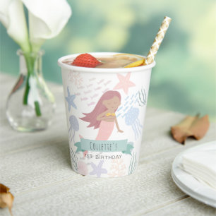 Under the Sea Dark Skin Mermaid White Birthday Paper Cups