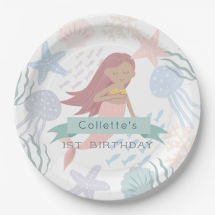 Under the Sea Dark Skin Mermaid White Birthday Paper Plate