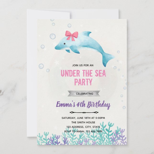 Under the sea dolphin birthday invitation (Front)