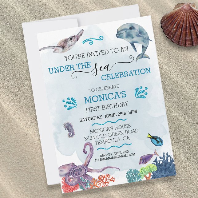 Under the Sea Dolphin Birthday Ocean Turtle Invitation (Creator Uploaded)