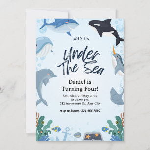 Under The Sea Dolphin Shark Whales Birthday Announcement