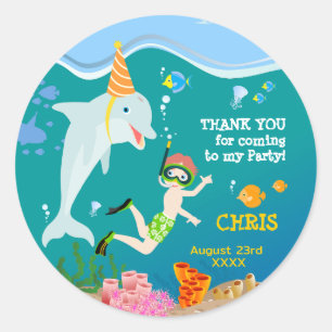 Under the sea dolphins and boy birthday party classic round sticker