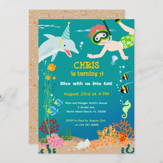 Under the sea dolphins and boy birthday party invitation (Front/Back)