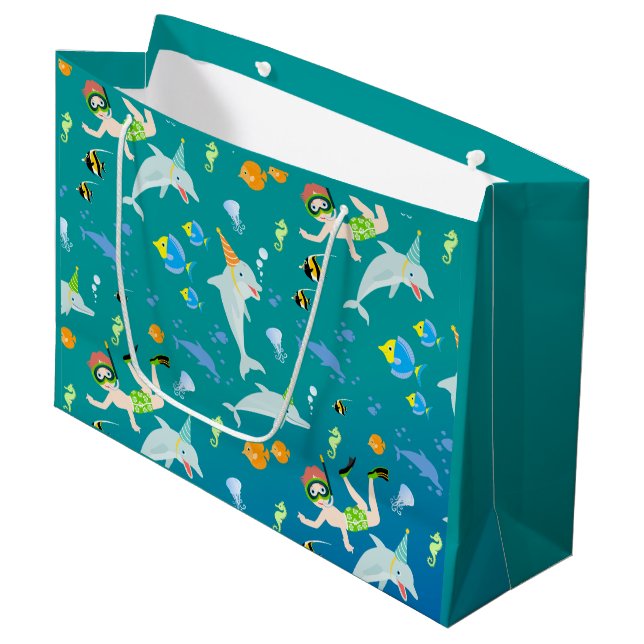 Under the sea dolphins and boy birthday party large gift bag (Front Angled)