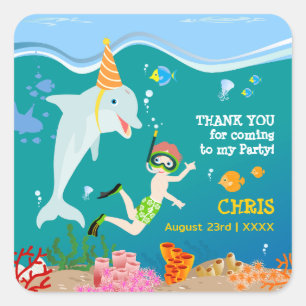 Under the sea dolphins and boy birthday party square sticker
