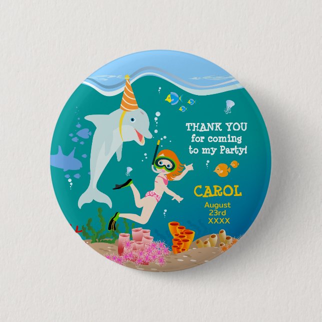 Under the sea dolphins and girl Birthday Party 6 Cm Round Badge (Front)