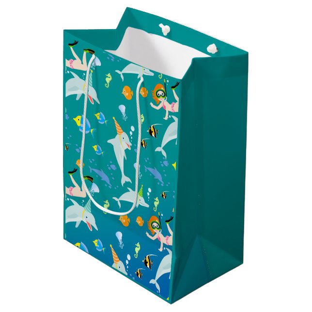 Under the sea dolphins and girl Birthday Party Medium Gift Bag (Front Angled)