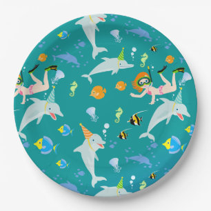 Under the sea dolphins and girl Birthday Party Paper Plate