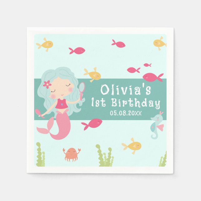 Under The Sea First Birthday Mermaid Napkin (Front)