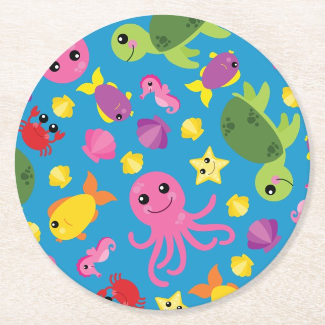 Under the Sea Fish Birthday Party Round Paper Coaster (Front)