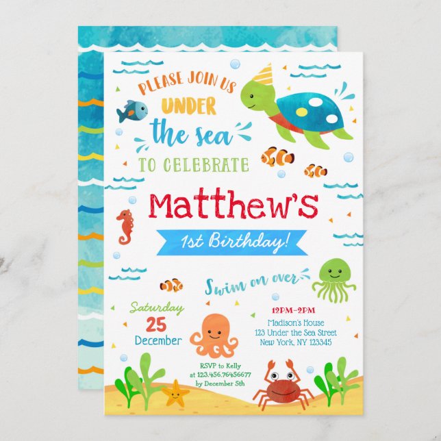 Under the Sea Fish First Birthday Invitations  (Front/Back)