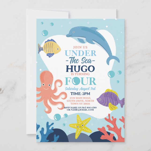 Under The Sea Four Ocean Dolphin Octopus 4th Invitation (Front)