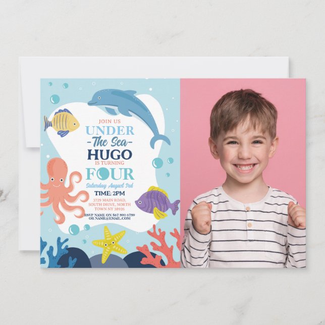 Under The Sea Four Ocean Dolphin Octopus 4th Photo Invitation (Front)