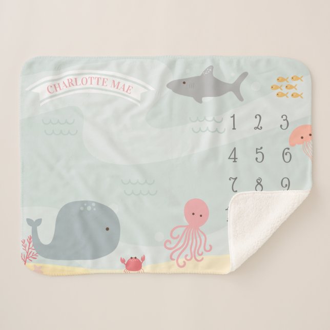 Under The Sea Friends Milestone Sherpa Blanket (Front (Horizontal))